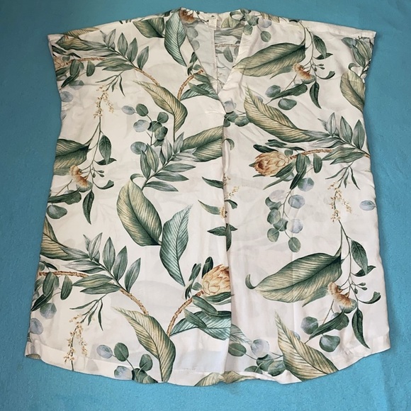 H&M tropical palm print shirt dress pullover short sleeve V-neck pleated size L - Picture 1 of 9
